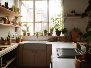 Fototapeta premium zero-waste kitchen with reusable containers, plants, and natural materials