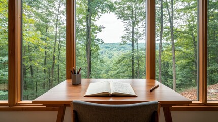 Fototapeta premium A serene workspace featuring a wooden desk with an open book, overlooking a lush forest through large windows.