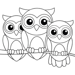Fototapeta premium Three owls on a branch coloring page for kids