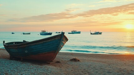 Obraz premium Sunrise beach, old fishing boat, calm sea, distant vessels, travel poster