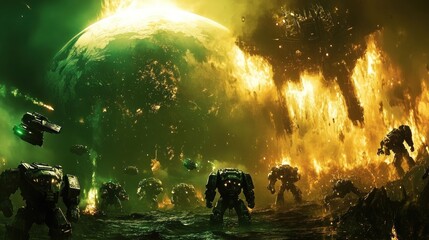 Obraz premium Mechs battle on alien planet, fiery explosion, spaceships
