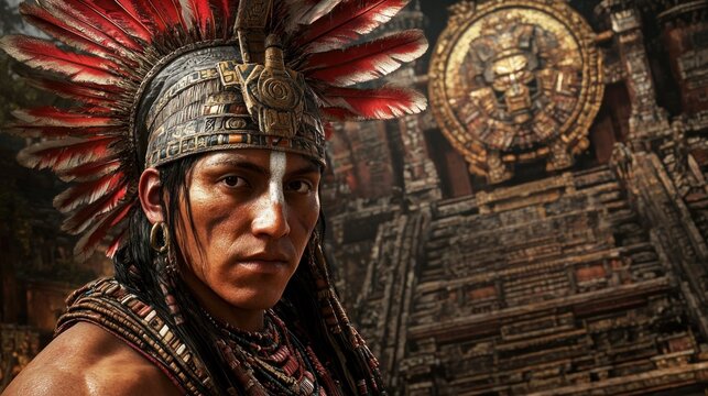 Mayan warrior temple portrait, jungle background, game promo