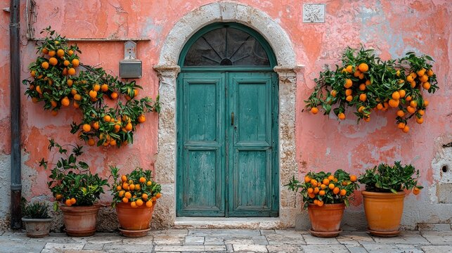 Oranges adorn teal door of coral building in Italy, used in travel blogs