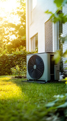 A photograph of an air source heat pump in the backyard
