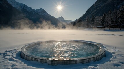 Outdoor hot tub soaks in winter snow scene with sunburst and mountainous background
