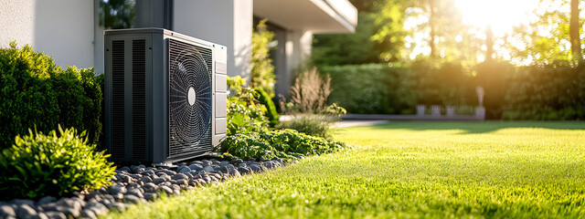 A photograph of an air source heat pump in the backyard
