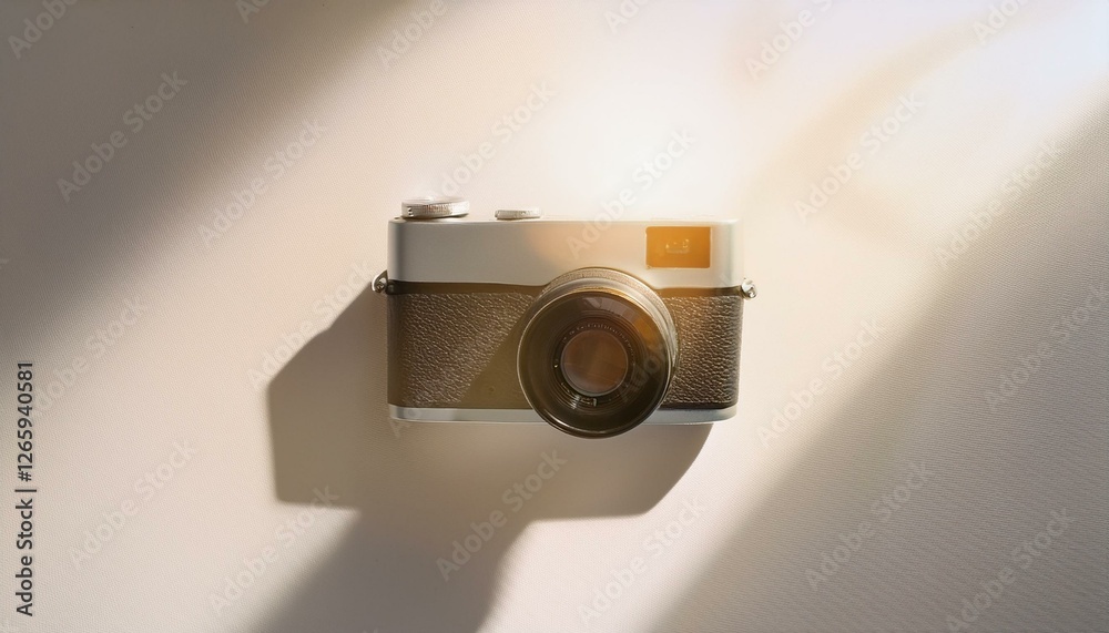 Fototapete 카메라가 흰색 테이블 위에 놓여 있고, 따뜻한 조명이 은은하게 감도는 부드러운 분위기의 배경