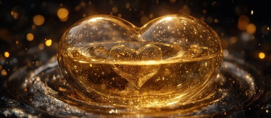 Golden heart in liquid, bokeh background, romantic, luxury