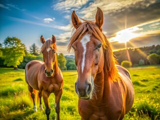 Obraz premium Majestic Pair: Two Horses in a Serene Meadow - Stock Photo