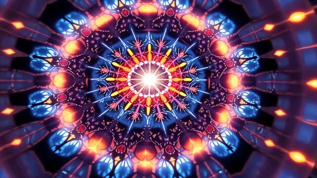 A sacred 3D kaleidoscopic mandala with abstract, trippy art and psychedelic trance visuals, energizing the third eye and chakras in
