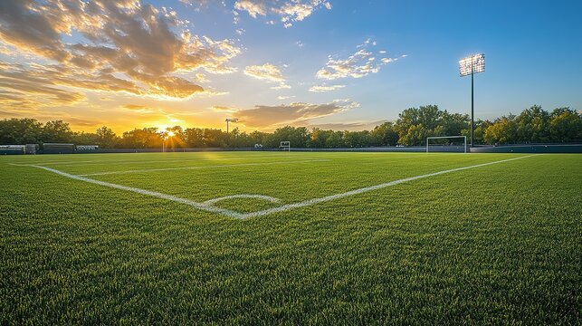 Sunset over a lush green soccer field with lights