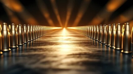 A perspective view of metallic bullet casings arranged in a row, creating a visually striking pattern with dramatic lighting.