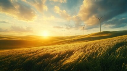 Obraz premium Sunset over rolling hills, wind turbines, wheat field