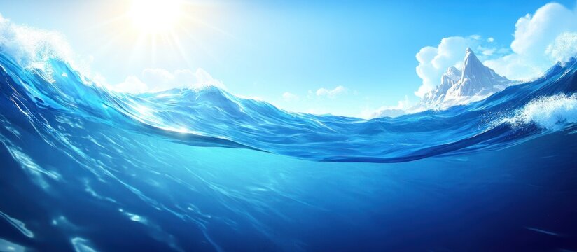 Ocean waves split view Sunny sky, mountains, underwater scene, website background