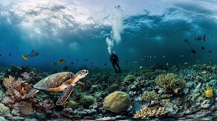 Fototapeta premium Diver explores vibrant coral reef with sea turtle and fish