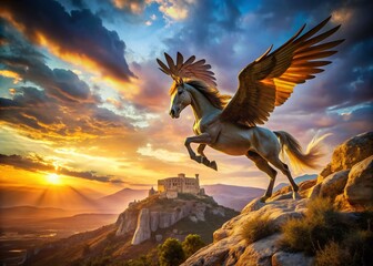 Majestic Pegasus Takes Flight from Acropolis Cliffs - Greek Mythology