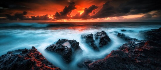 Fototapeta premium Ocean rocks sunset dramatic wavescape wallpaper