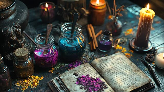 Mystical potion crafting with open grimoire illuminated by candlelight