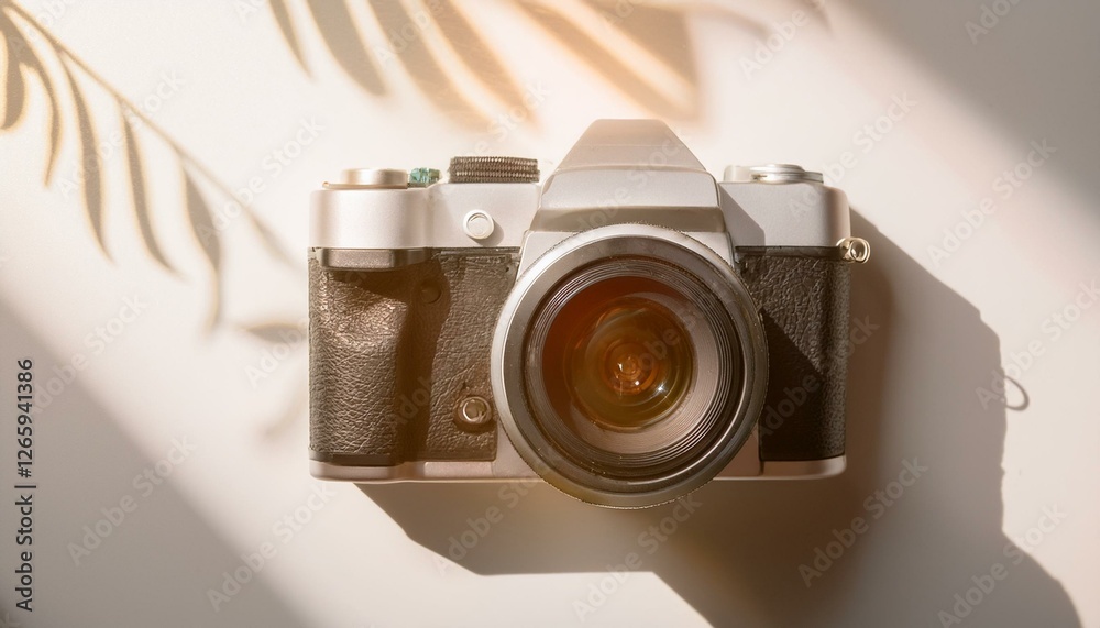 Fototapete 카메라가 흰색 테이블 위에 놓여 있고, 따뜻한 조명이 은은하게 감도는 부드러운 분위기의 배경