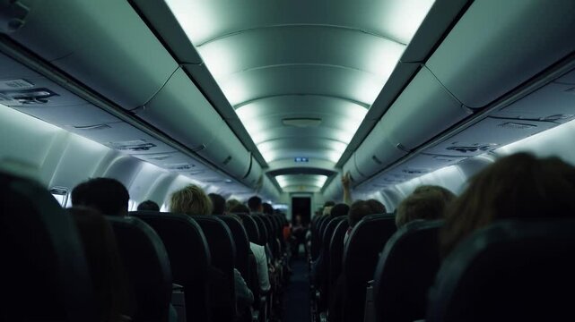 Passengers aboard an airplane prepare for takeoff with cabin lights dimmed