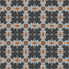 Black white and orange tile floor made of square tiles with stars and rombs, seamless vector pattern
