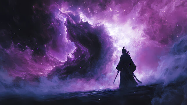 In the nebula's shadow, a ninja confronts a dark natural entity. Astral Samurai. Illustration