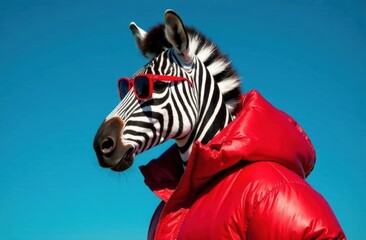 Stylish zebra in a red down jacket and red sunglasses, monochrome blue background, commercial photography, advertising poster. High quality photo