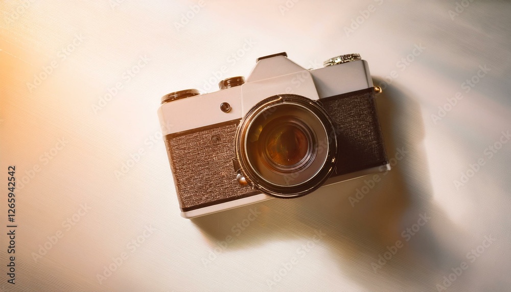 Fototapete 카메라가 흰색 테이블 위에 놓여 있고, 따뜻한 조명이 은은하게 감도는 부드러운 분위기의 배경