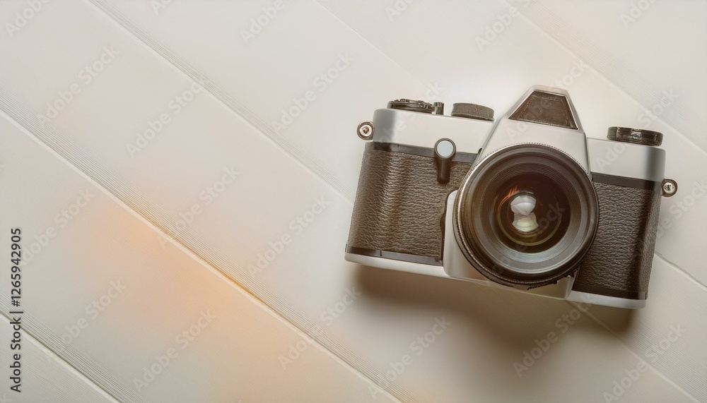 Fototapete 카메라가 흰색 테이블 위에 놓여 있고, 따뜻한 조명이 은은하게 감도는 부드러운 분위기의 배경
