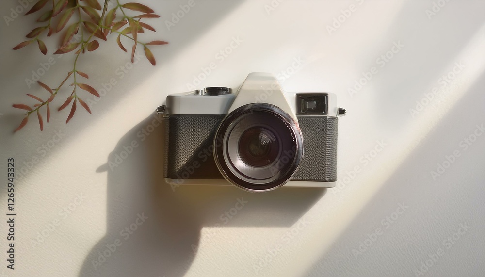 Fototapete 카메라가 흰색 테이블 위에 놓여 있고, 따뜻한 조명이 은은하게 감도는 부드러운 분위기의 배경
