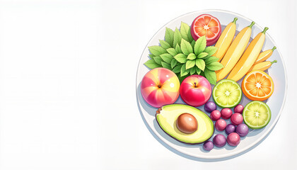 Balanced diet plate with vibrant fresh fruits and greens, healthy lifestyle