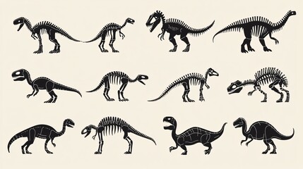 Silhouette Set of Dinosaur Skeletons Isolated on White Background