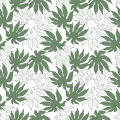 Botanical seamless pattern, leaves line art wallpaper. Luxurious hand-drawn foliage design in a minimalist linear outline, simple style.  Design for fabric, print, cover, banner, invitation