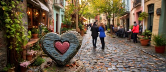 Couple strolls cobblestone lane, heart sculpture foreground, autumnal shops background, romantic travel