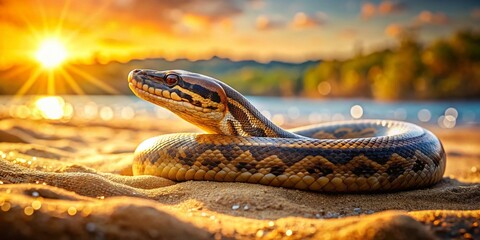 Obraz premium Majestic Serpent Sunbathing: Oil Painting Style Beach Snake