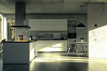Modern kitchen with island and concrete walls