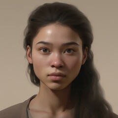 A highly detailed, hyper-realistic close-up portrait of an AI-generated human face. This digital artwork features lifelike skin textures, expressive eyes, and natural lighting.