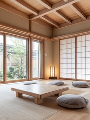 Traditional japanese room featuring table cushions shoji screen and window