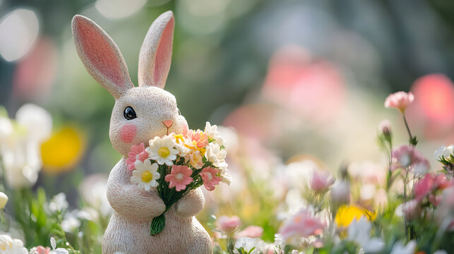 A charming Easter-themed image featuring a cute bunny figurine holding a bouquet of pastel-colored flowers, surrounded by a dreamy spring meadow