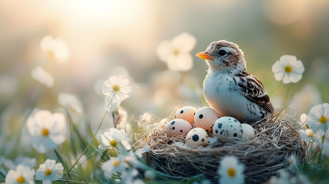 A small, delicate bird perched on a nest filled with speckled eggs, surrounded by soft white flowers in a sunlit meadow