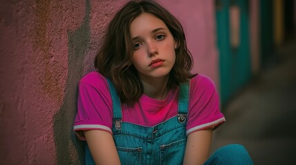 Fototapeta premium Teen girl pensive alley portrait, urban backdrop, film aesthetic