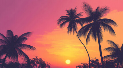 Vivid pink and orange sunset with silhouettes of palm trees creating a tropical atmosphere. summer background, banner, flyer, tropics, Hawaii
