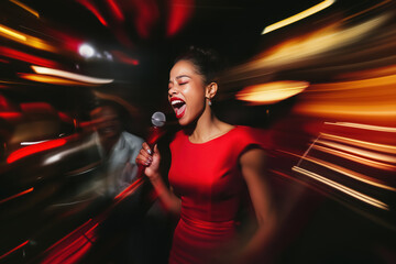 Beautiful Black woman in a red dress singing karaoke at a nightclub, holding a microphone and dancing with friends in a blurred motion. Young mixed race female performing on stage.