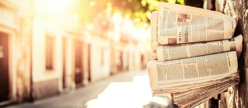 Sunlit street; newspapers stacked; urban background; newsstand