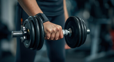 Person lifting a dumbbell, emphasizing strength and fitness in a gym setting
