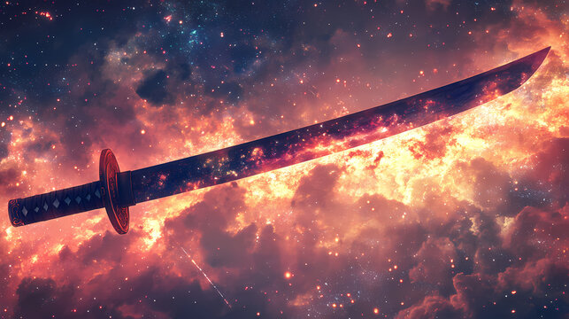 A samurai sword reflecting the alien invasion in a dreamy parallel universe. Astral Samurai. Illustration