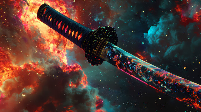 A samurai sword reflecting the alien invasion in a dreamy parallel universe. Astral Samurai. Illustration