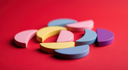 Colorful wooden shapes arranged on a vibrant red background