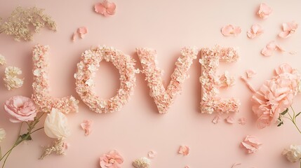 LOVE spelled with flowers pastel background dreamy feel