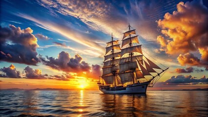 Fototapeta premium Majestic Tall Ship Sailing at Sunset on a Calm Ocean, Dramatic Landscape Photography